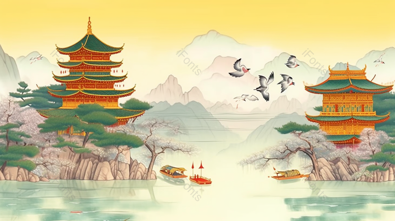 山水建筑古风意象美景手绘图,插画/手绘图,插画/手绘图库,插画/手绘图下载,插画/手绘